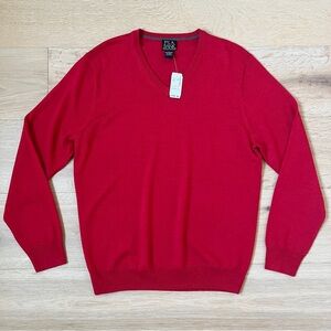 JOS A BANK TRAVELER MERINO WOOL V-NECK FINE KNIT SWEATER BOLD RED  Sz L * A4